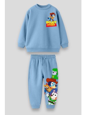 Magu Unisex Çocuk Mavi Bluey Toy Stoyry Desenli Kışlık 3 Iplik Pamuklu Sweatshirt Eşofman Alt-Üst Takım