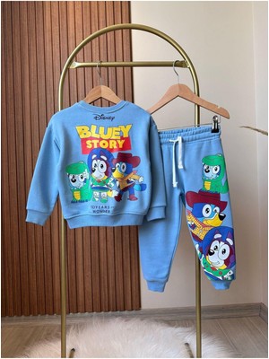 Magu Unisex Çocuk Mavi Bluey Toy Stoyry Desenli Kışlık 3 Iplik Pamuklu Sweatshirt Eşofman Alt-Üst Takım