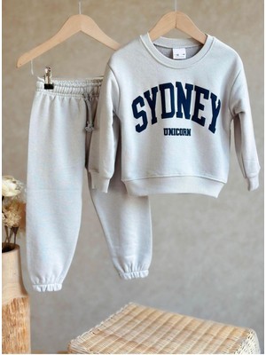 Magu  Çocuk Gri Sydney Desenli Kışlık 3 Iplik Pamuklu Sweatshirt Eşofman Alt-Üst Takım