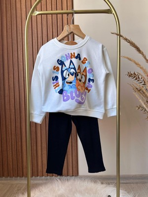 Magu Kız Çocuk Beyaz Bluey Desenli Kışlık 3 Iplik Pamuklu Sweatshirt Tayt Alt-Üst Takım