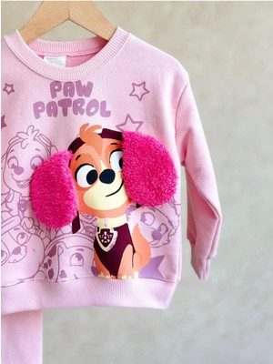 Magu Kız Çocuk Pembe Paw Petrol Desenli Kışlık 3 Iplik Pamuklu Sweatshirt Tayt Alt-Üst Takım