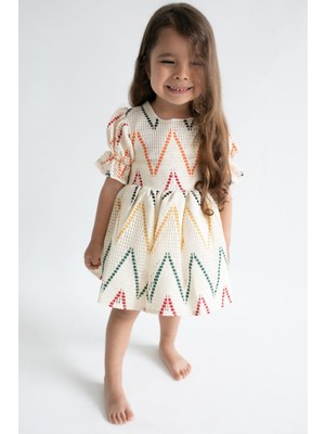 Magu Kız Çocuk Ekru Desenli Astarlı Pamuklu Elbise