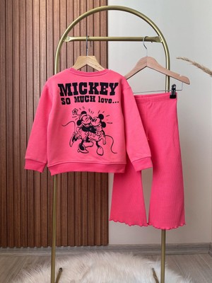 Magu Kız Çocuk Minni Mouse Desenli Kışlık 3 Iplik Pamuklu Sweatshirt Ispanyol Tayt Alt-Üst Takım