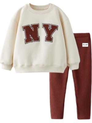 Magu Kız Çocuk New York Desenli Kışlık Pamuklu Sweatshirt Tayt Alt-Üst Takım