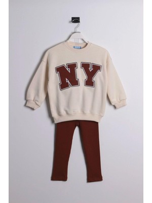 Magu Kız Çocuk New York Desenli Kışlık Pamuklu Sweatshirt Tayt Alt-Üst Takım