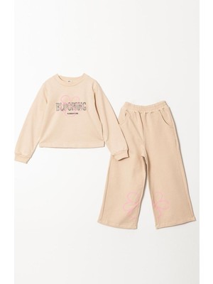 Magu Kız Çocuk Çiçek Desenli Pamuklu Sweatshirt İspanyol Eşofman Alt-Üst Takım