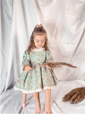 Magu Kız Çocuk Vintage Elbise Mint Renkli Çiçek Deseni ile Özel Olaylarda Şık Görünüm