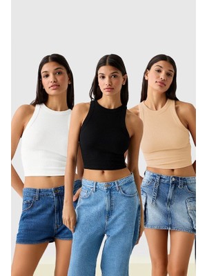 Halter Yaka Crop/top 3'lü Set/ Beyaz-Siyah-Camel