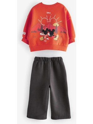 Magu Kız Çocuk Kırmızı Mickey Mouse Desenli 3 Iplik Kışlık Pamuklu Sweatshirt Geniş Eşofman Alt-Üst Takım