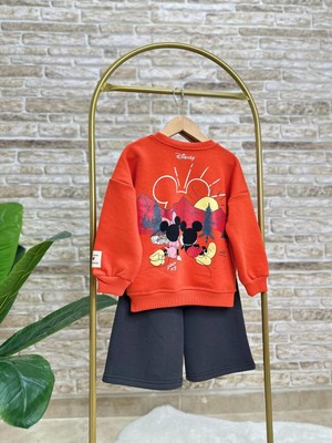 Magu Kız Çocuk Kırmızı Mickey Mouse Desenli 3 Iplik Kışlık Pamuklu Sweatshirt Geniş Eşofman Alt-Üst Takım