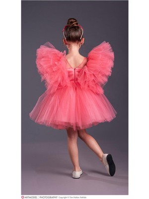 Magu Kız Çocuk Tütü Etekli Kabarık Kollu Komotini Taçlı Kız Çocuk Abiye Elbise