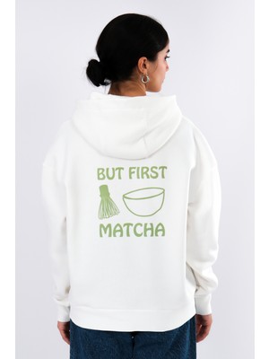 But First Matcha Relaxed Fit Hoodie Kadın - Ekru