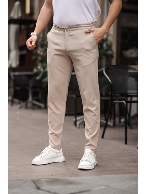 Erkek Bej Jogger Kesim Bel Lastikli Esnek Likralı Silimfit Kumaş Pantolon