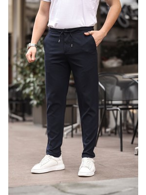 Erkek Lacivert Jogger Kesim Bel Lastikli Esnek Likralı Silimfit Kumaş Pantolon