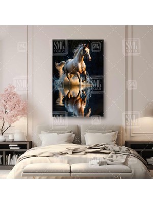 SML Tablo Koşan At Su Ile Yansımalı Denizden Çıkan Beyaz At Dikey Kanvas Tablo