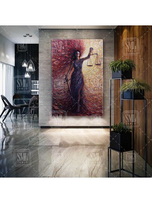 SML Tablo Uçuşan Saçlı Kadın Elinde Terazi Tutan Gözleri Kapalı Adalet Tanrıçası Dikey Kanvas Tablo