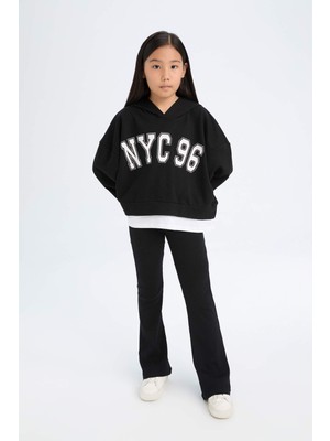 DeFacto Kız Çocuk 2'li Takım Kapüşonlu Baskılı Sweatshirt İspanyol Paça Tayt D0725A824AU