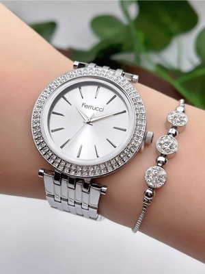 Ferrucci Gümüş Renk Büyük Kasa Çelik Kadın Kol Saati+Bileklik Hediye