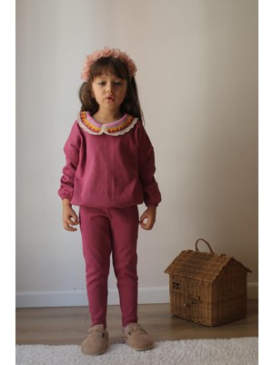 Pisi Pisi Kids Wear Premium Kalite Koyu Pembe Renk Kız Çocuk % 100 Pamuk Kaşkorse Alt Üst Takım