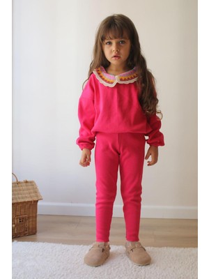 Pisi Pisi Kids Wear Premium Kalite Koyu Pembe Renk Kız Çocuk % 100 Pamuk Kaşkorse Alt Üst Takım