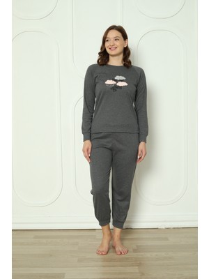 Fwn 4006 Interlok Kışlık Bulut Desenli Kadın Pijama Takımı