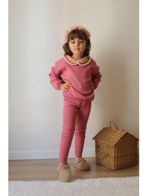 Pisi Pisi Kids Wear Premium Kalite Gül Kurusu Renk Kız Çocuk % 100 Pamuk Kaşkorse Alt Üst Takım