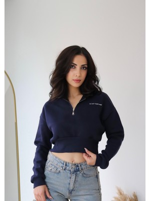 Kadın Overthink Nakışlı Mavi Crop Sweatshirt