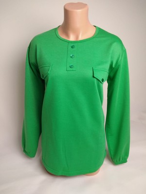 Yaşar Triko Kadın Yeşil Bisiklet Yaka Patlı Düğmeli Süs Cepli Uzun Kollu Bilek Lastikli Iki Iplik Bluz Tişört