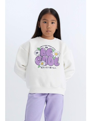DeFacto Kız Çocuk Relax Fit Beyaz Baskılı Sweatshirt Rahat Kalıp Günlük Kullanım İçin