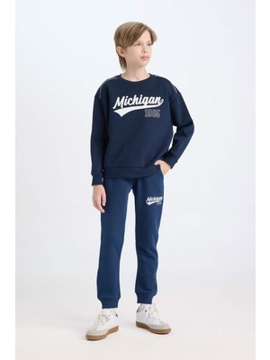 DeFacto Erkek Çocuk Lacivert Oversize Geniş Kalıp Bisiklet Yaka Baskılı Kalın Sweatshirt C9809A824WN