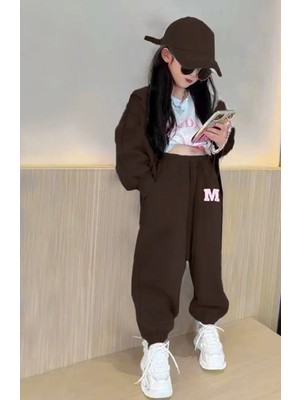 Kids Face Özel Tasarım Kapüşonlu Tam Fermuarlı M Baskılı Şardonlu Kışlık Kız Çocuk Eşofman Takımı