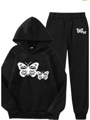 Kids Face Özel Tasarım Kapüşonlu Whıte Butterfly Baskılı Şardonlu Kışlık Kız Çocuk Eşofman Takımı