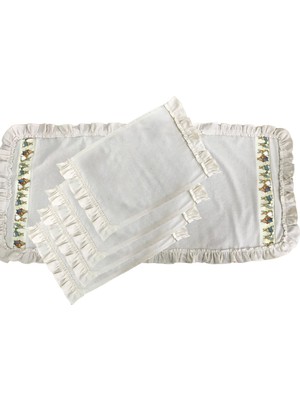 Keten, Bohem, Fırfırlı, Vintage, 4 Adet Amerikan Servis ve Fırfırlı Runner Tavşan Set