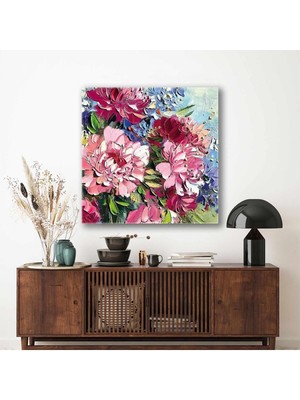 Limitless Design Pembe Ve Mavi Krizantem Çiçek Buketi Fırça Izleri Kare Hd Baskı Kanvas Tablo