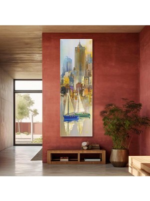Limitless Design Şehir Önünde Yüzen Yelkenliler Dikey Panaromik Hd Baskı Kanvas Tablo