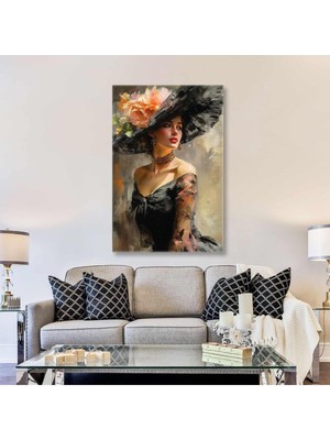 Limitless Design Şapkası Turuncu Güllü Gold Aksesuarlı Zarif Model Dikey Hd Baskı Kanvas Tablo