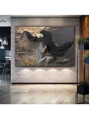Limitless Design Siyah Şapkalı Gözü Kapalı Heykel Kadın Altın Kelebekler Dekor Yatay Hd Baskı Kanvas Tablo