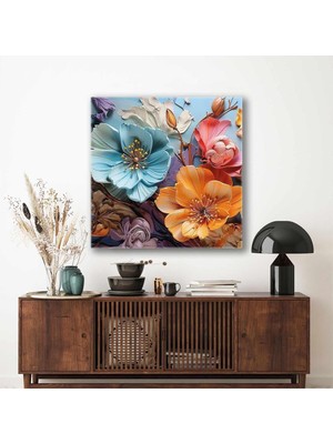 Limitless Design Turuncu Mavi Pembe Çiçekler Dekoratif Kare Hd Baskı Kanvas Tablo