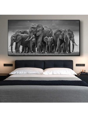 Limitless Design Modern Siyah Afrika Fil Sürüsü Hd Baskı Kanvas Tablo