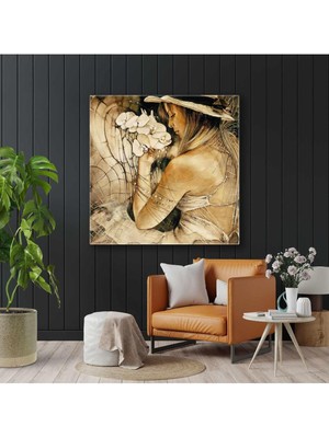 Limitless Design Beyaz Orkide Tutan Şapkalı Dekoratif Model Dikey Hd Baskı Kanvas Tablo