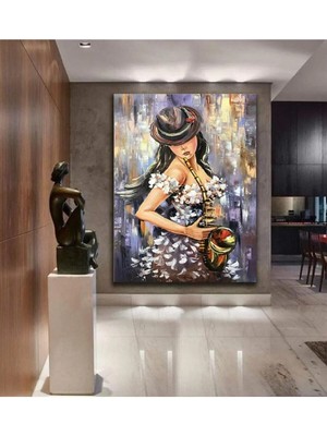 Limitless Design Yağlı Boya Görünümlü Enstrüman Çalan Kadın Sanatsal Hd Hd Baskı Kanvas Tablo
