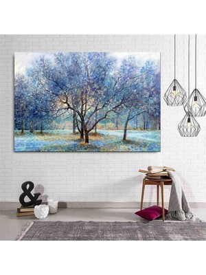 Limitless Design Yağlı Boya Görünümlü Mavi Çiçekli Ağaçlar Hd Baskı Kanvas Tablo