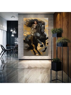 Limitless Design Asil Siyah At Üzerinde Kadın Hd Hd Baskı Kanvas Tablo
