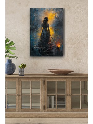 Limitless Design Elinde Meşale Olan Kadın Çizimi Yağlı Hd Baskı Kanvas Tablo
