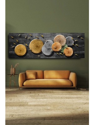 Limitless Design Dekoratif Soyut Altın Balıklar Ve Odun Sürreal Kanvas Duvar Tablosu 120x40cm Büyük Boy Tablo