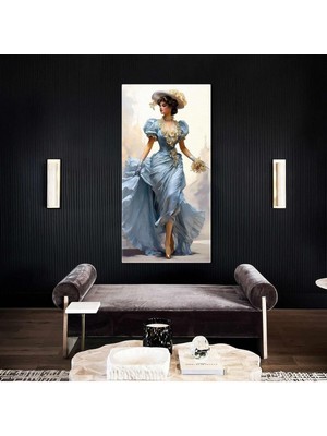 Limitless Design Mavi Uçuşan Elbiseli Beyaz Şapkalı Model Gold Detay Boyuna Dikey Hd Baskı Kanvas Tablo
