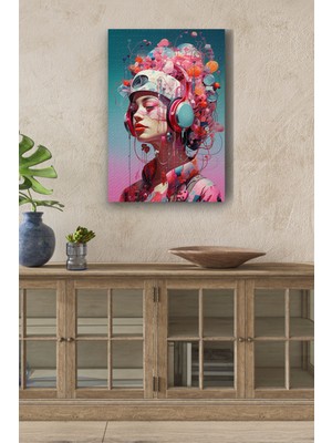 Limitless Design Modernist Kulaklık Takmış Pembeler Içerisindeki Kız Tasarım Yağlı Hd Baskı Kanvas Tablo