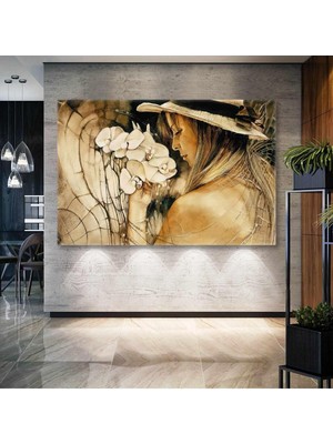 Limitless Design Beyaz Orkide Tutan Şapkalı Dekoratif Model Yatay Hd Baskı Kanvas Tablo