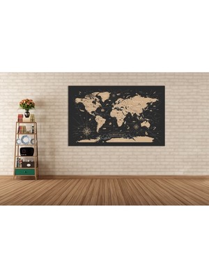 Limitless Design Dünya Haritası Altın Detaylı Tek Parça Dekoratif Tablo