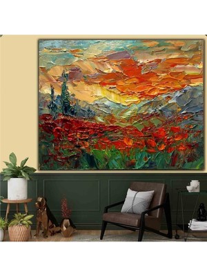 Limitless Design Ilkbaharda Köy Soyut Yağlı Boya Görünümlü Hd Baskı Kanvas Tablo